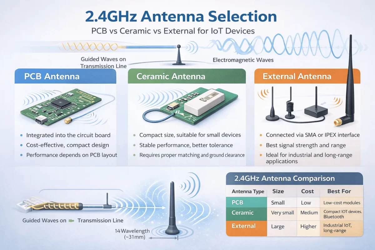 2.4GHz Antenna Selection for IoT Devices (PCB vs Ceramic vs External) 1 2.4GHz Antenna Selection for IoT Devices (PCB vs Ceramic vs External)
