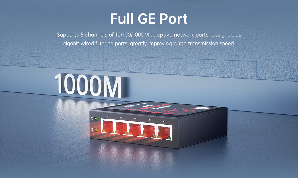 ER1000 5-Port Gigabit Industrial DIN-Rail Network Switch adopts a full Gigabit network port design to provide high-speed and stable network transmission capability