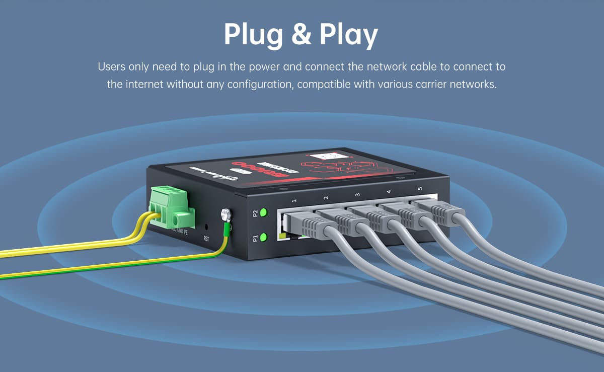 ER1000 5-Port Gigabit Industrial DIN-Rail Network Switch adopts a full Gigabit network port design to provide high-speed and stable network transmission capability