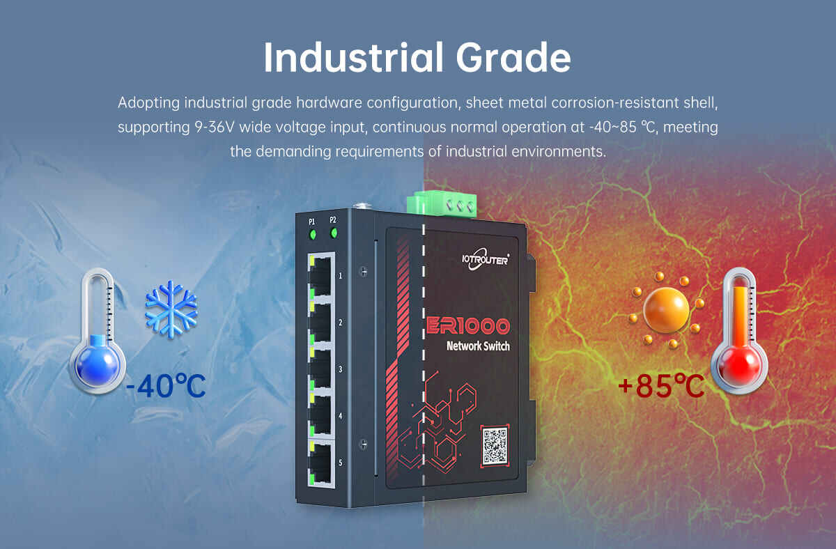 El conmutador industrial ER1000 cuenta con un diseño de puerto Gigabit completo que garantiza una transmisión de red estable y de alta velocidad para los equipos industriales.