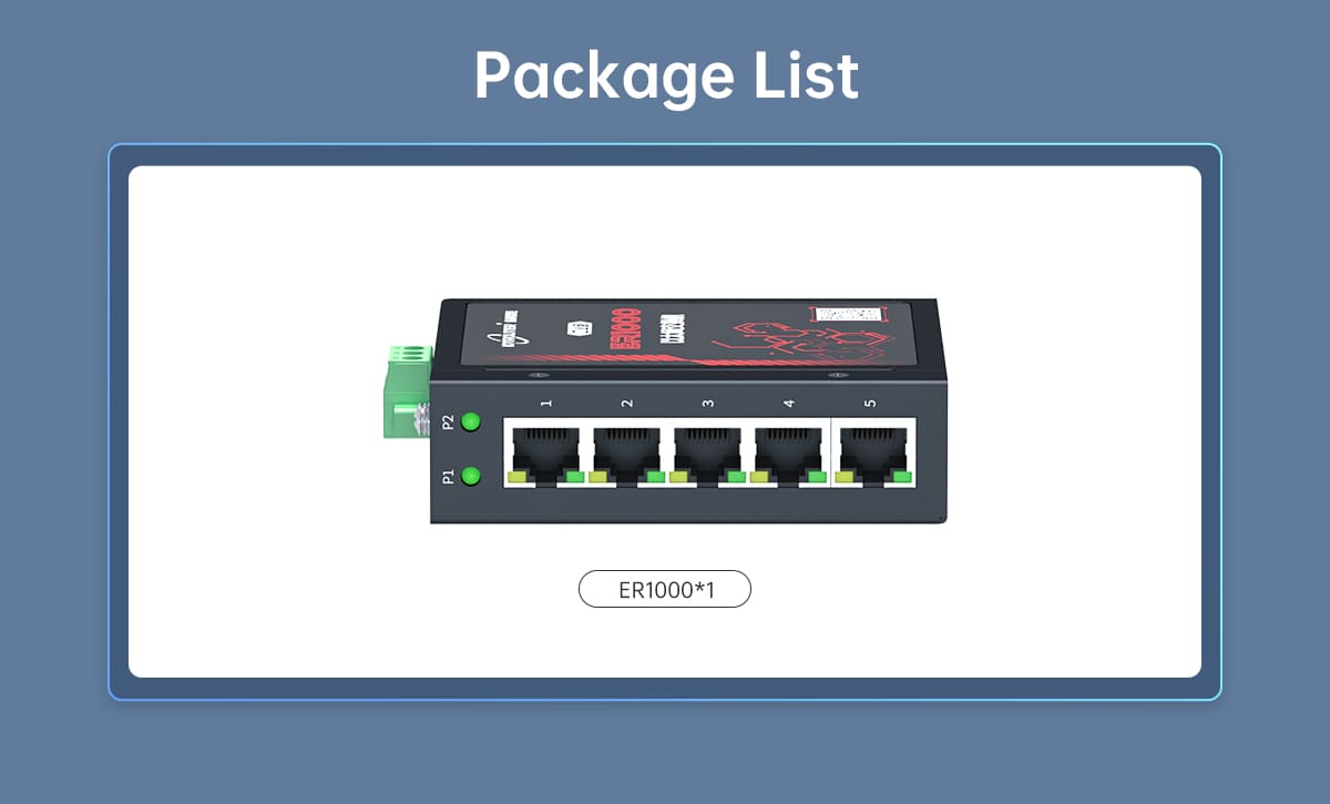 The ER1000 industrial switch features a full Gigabit port design, ensuring high-speed and stable network transmission for industrial equipment
