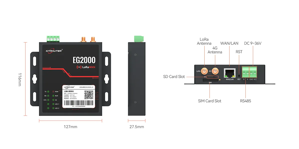 EG2000-LoRaWAN Edge Gateway with Built-in ChirpStack Network Server 15 Dimensions And Interfaces-EG2000LoRaWAN