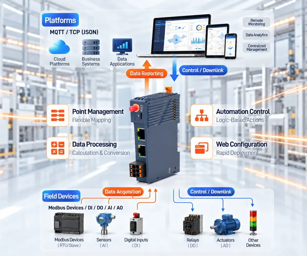 EM100 ESP32-S3 Edge PLC Controller with Modular I/O 12 Unified Data Acquisition & Reporting01